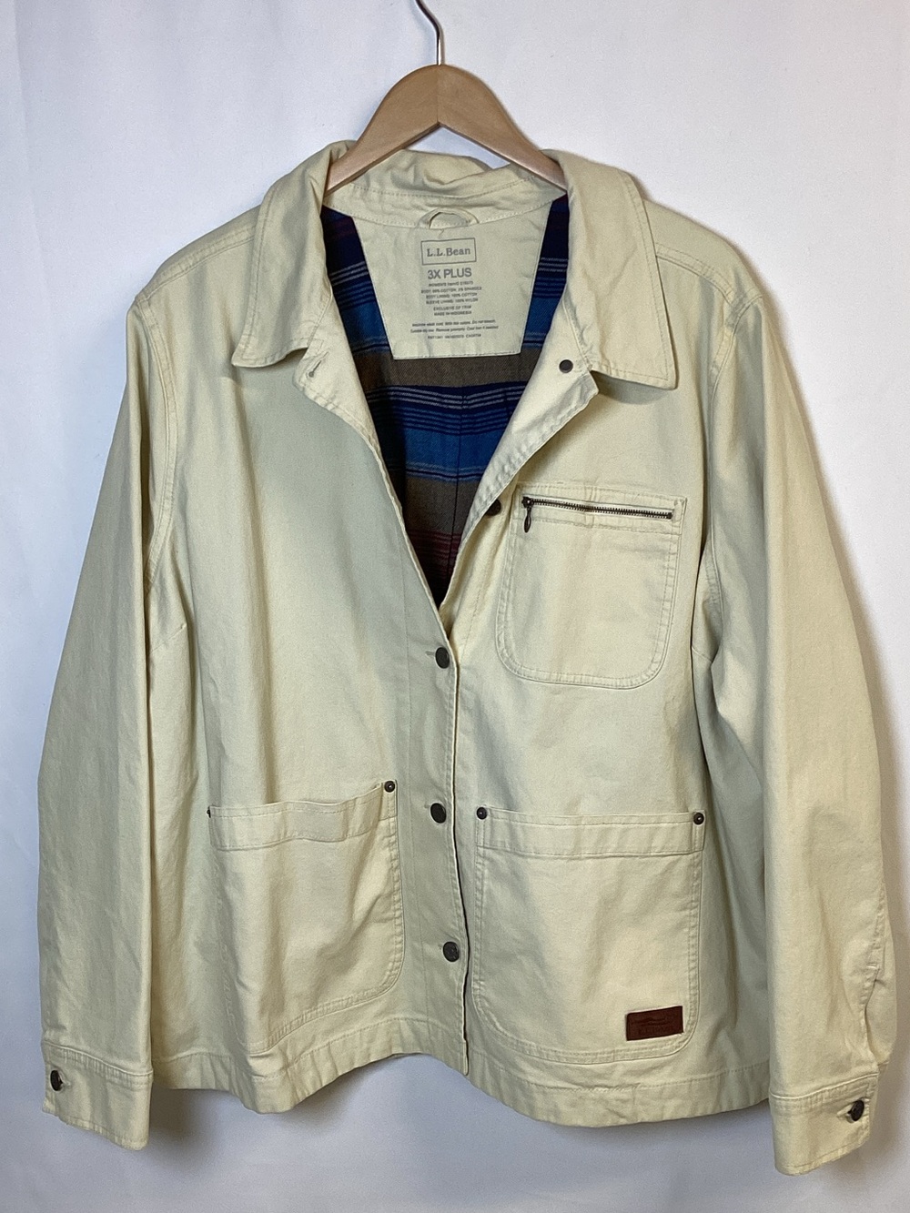 L. L. BEAN Cream Colored Canvas Fleece Lined Chore Coat Size 3X